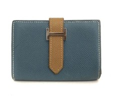 Authentic Hermes Olive / Brown Bi- color Chevre Leather Mini Bearn Wallet