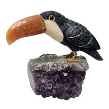 Brazilian Hand carved Gemstone Toucan Bird On Amethyst Stone 6" x 5.5" FS