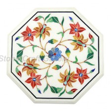 Table D'Angle En Marbre De 18" Avec Incrustations En Pierres Semi-Précieuses