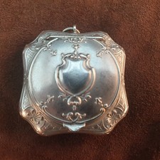 Antique Louis XVI Style Castle Mirror Silver Metal Powder Box Late 19th Century