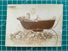 GG022 albumen photo circa 1890 VGC 11x8cm baby little girl in her pram