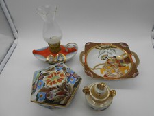 LOT BURN INCENSE OIL LAMP FLAT PORCELAIN JEWELRY BOX SATSUMA JAPAN