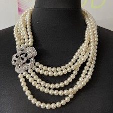 Fantastic Multi Layer Faux Pearl Necklace With Silver Tone Rise With Diamante