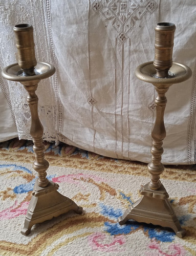 Paire bougeoirs bronze - en,