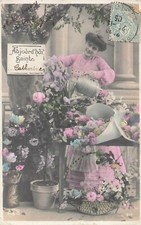 CP TODAY SAINT ... WOMAN WATERING CAN BOUQUETS PINK FLOWERS - 40015