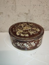 Grande Boîte Asiatique Vietnamienne Ronde Bois Nacre Metal Velours Fin XIXe 19