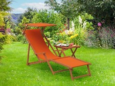 Chaise longue de jardin, bain de soleil pliant, bois massif, tissu terracotta
