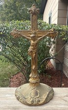 Antique Altar Brass ornate metal Cross Crucifix 7” standing Base INRI Jesus