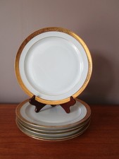6 24.5CM WHITE LIMOGES PORCELAIN FLAT PLATES GILDING EDGES