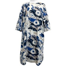 Marimekko 100% Cotton White/Blue Floral Silmu Maisema Unikko Midi Dress sz 40 M