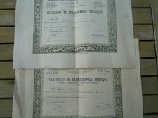 2 deux diplômes certificats de sténographie théorique & pratique 1921 1922 Paris