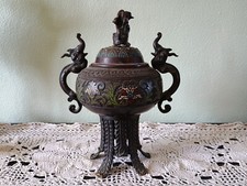 BRÛLE PARFUM - 2 anses chimère chien de Fô - BRONZE JAPON - Fleurs polychromes