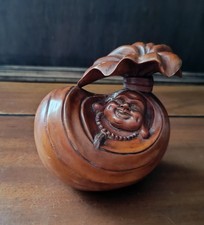 Sculpture asiatique en bois – Bouddha rieur Hotei – Artisanat vintage