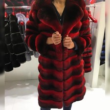 Red Women Chinchilla Real Rex Rabbit Fur Coat Stand Collar Thick Jacket Overcoat