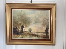 Tableau Reproduction toile Pêche Barque Saule COROT Cadre Doré 40 x 50 50 x 40