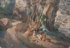 Aquarelle Ecole française 19e chasse chasseur gibier chien épagneul breton