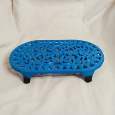 Antique Bright Blue Enameled Cast Iron Coaster - Vintage Openwork Decor