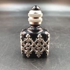 Antique Miniature Perfume Bottle Empty Black Enamel Glass & Silver Metal Bag