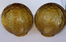 2- Vintage MCM 6" Art Deco Amber Crackle Glass Ball Globes Lamp Shade 3" Fitter