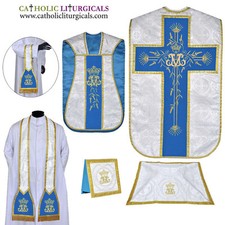 Ensemble de masse bleu marial avec brocart argenté Marian Chasuble vêtement...