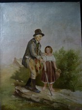 Antique 19th Century 19th Century Musician Violinist Violin Girl Painting Painting