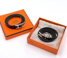 Auth Hermes API 3-strand Bracelet SV leather Black Set2 W/Box BA100073