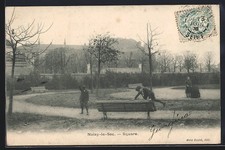 Old postcard Noisy-le-Sec, Square with children playing and bench in the foreground 