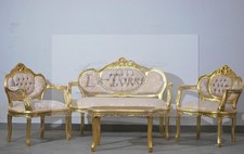Canapé Classique Salon Curvè Fauteuil Petite Table Feuille Or Baroque LT278