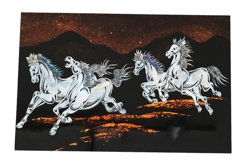 Tableau bois laqué chevaux - tableau,
