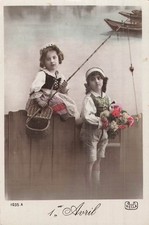 CP 1 APRIL LITTLE GIRL FISHING ROD BAG BOY FLOWERS - 12651