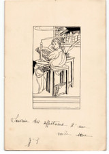 Ink drawing, 2 children (angels?) in a library 1910/30s