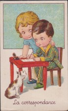 CHROMO ANCIEN CHOCOLAT GUERIN-BOUTRON - "LA CORRESPONDANCE" BUREAU ECOLIER -CHAT