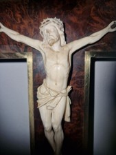 Crucifix Christ En Os Sur Croix Bois Et Laiton XIX ieme