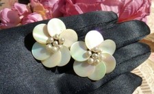 OLD PAIR OF FANCY MOTHER OF PEARL CLIP EARRINGS circa 1930