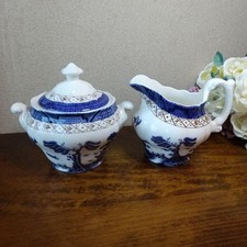 Royal Doulton Booth Real Old Willow Creamer and Sucrier Blue White England