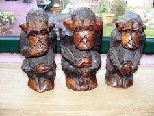 3 Singes statues en bois macif