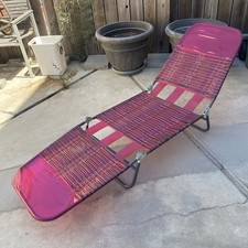 Vintage Aluminum Tri Folding Vinyl Tube Chaise Lounge Lawn Chair Pink / Purple