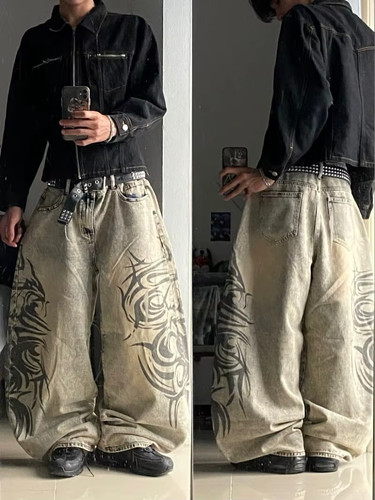 Y2k baggy denim jeans - baggy, tribal