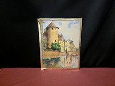 Aquarelle ancienne représentant un village au bord de l'eau - Signée - XXe