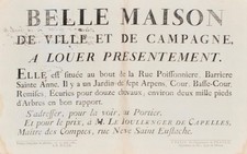[Paris. Avis de location]. Belle maison de ville et de campagne à louer présent