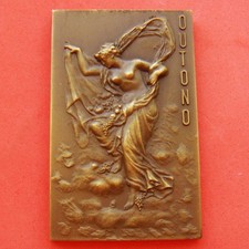 Art Nouveau NUDE Woman Allegory Four Seasons Autumn Bronze Plaque Medal!