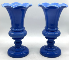 Pair 19th C. French Blue Opaline Glass Vases 8.5" Fluted Scalloped Translucent