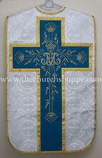 Chasuble Marian Bleue Avec Brocart Argenté Fiddleback Et Ensemble De Messe