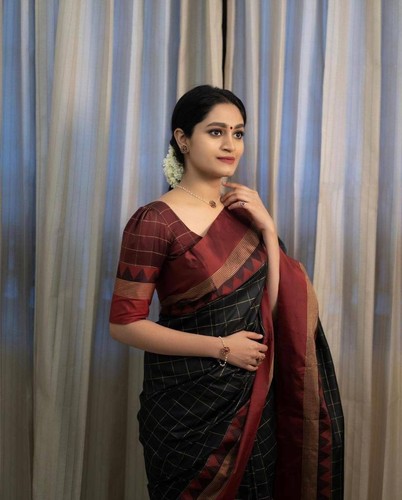 Sari noir avec motif - , marron