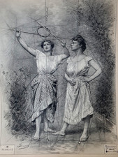 Ecole française grand ancien dessin 2 femmes jouants signé 61x39 cm C684