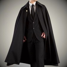 Men's Cardigan Hooded Cloak Cape Coat, Men's Long Wool Cape Coat