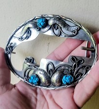 Vintage Turquoise Derringer Gun Holster Belt Buckle Alpaca Nickel Western 