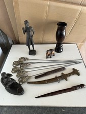 Lot Objet Ethnique Africain Ébène Statuettes, Couteau, Pics à Brochettes