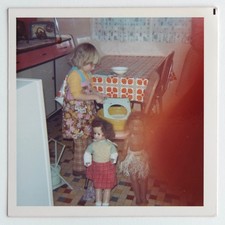 Girl Play Kitchen Formica Hippie Dolls 70's Indoor - Vintage Photo Snapshot