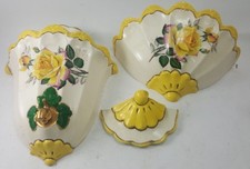 Antique CERAMIC LAVABO Three-Piece Set TERESA Italian Yellow Flowers Scalloped